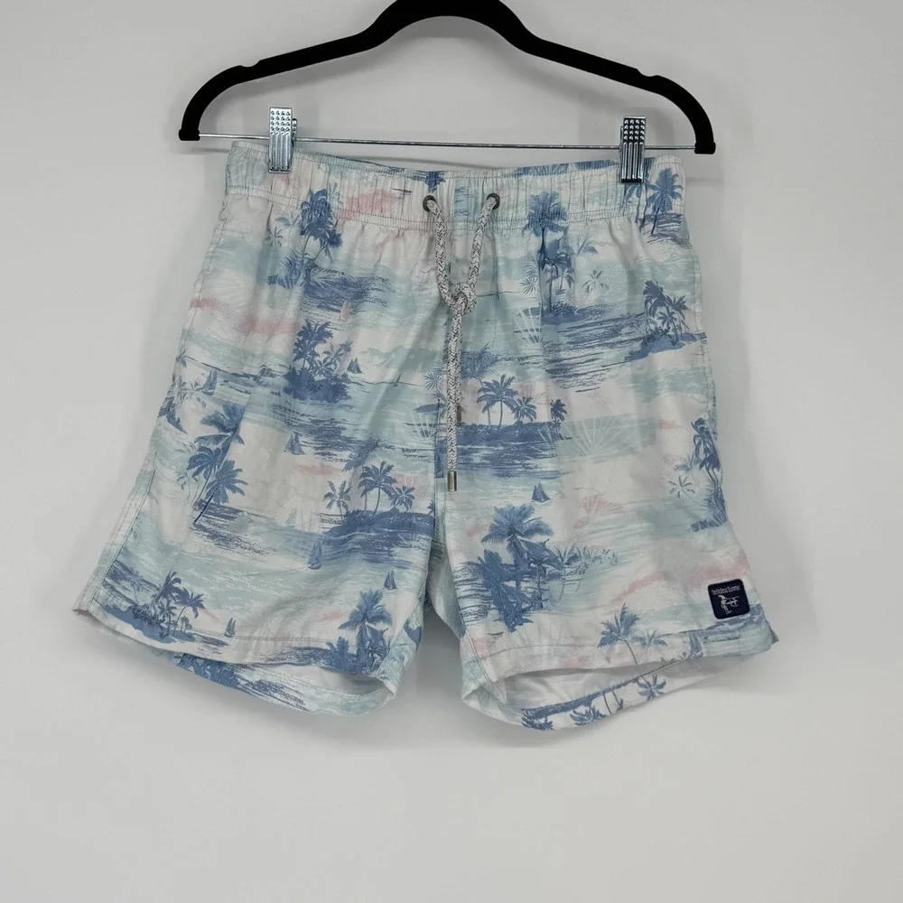 The Endless Summer Mens Small Swim Trunks Blue White Tropical Palm Tree Shorts